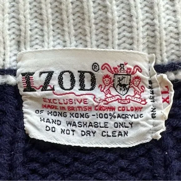 Vintage IZOD LACOSTE Cable Knit V-neck Sweater Blue with Red & White Size XL - Picture 2 of 12